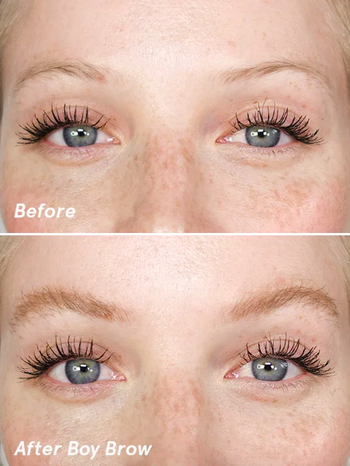 Model with thin blonde eyebrows given more color and volume after use