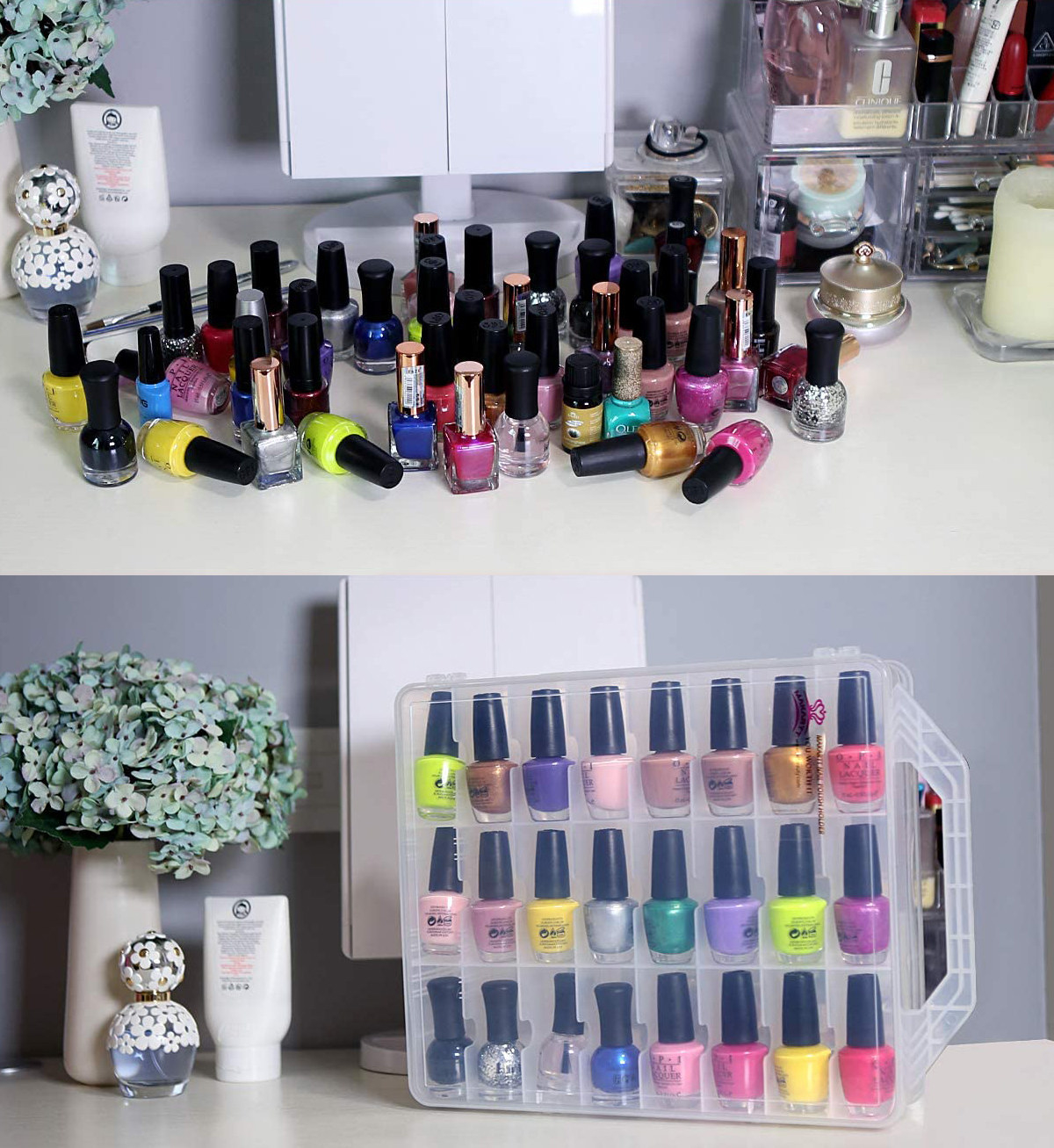 A plastic box filled with nail polish bottles