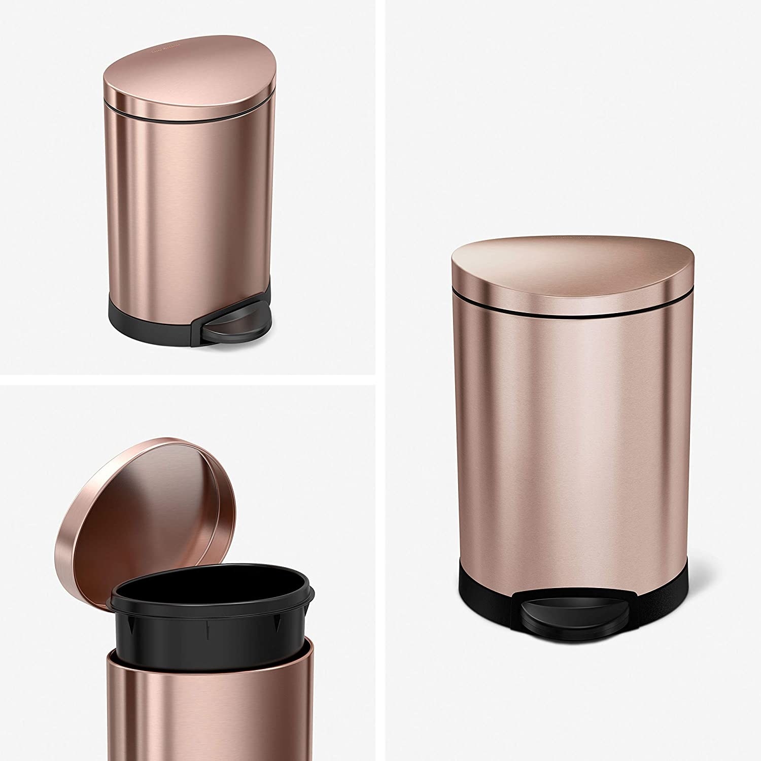 Three pictures of the rose gold simplehuman Bathroom Step Trash Can; one from the side, one from the front, and one revealing the inner liner