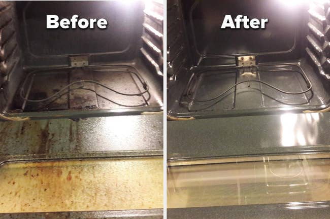 A reviewer's before and after photo of their dirty and now very clean oven interior