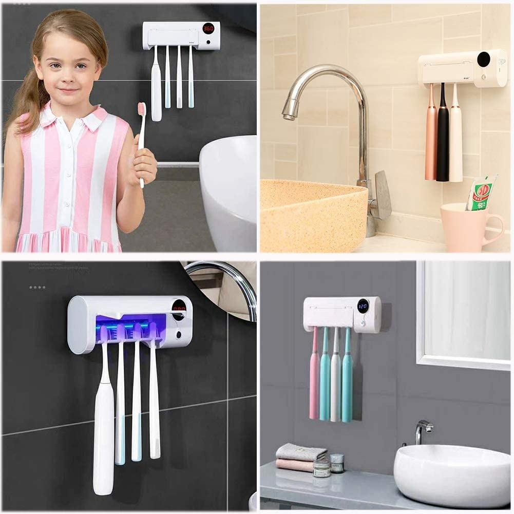 Four images of a white toothbrush sterilizer hanging from various bathroom walls