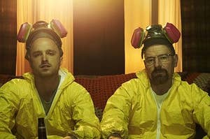 Jesse and Walt wearing yellow hazmat suits
