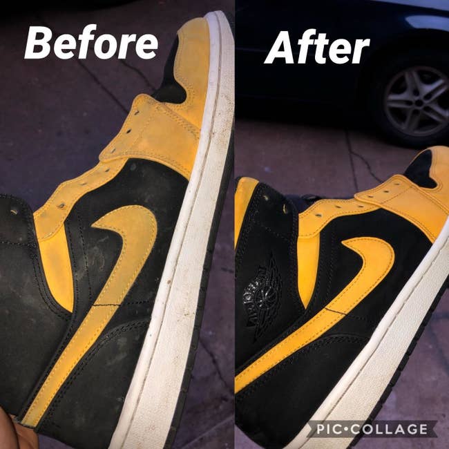 Reviewer's before and after photo of black and yellow Nike sneakers
