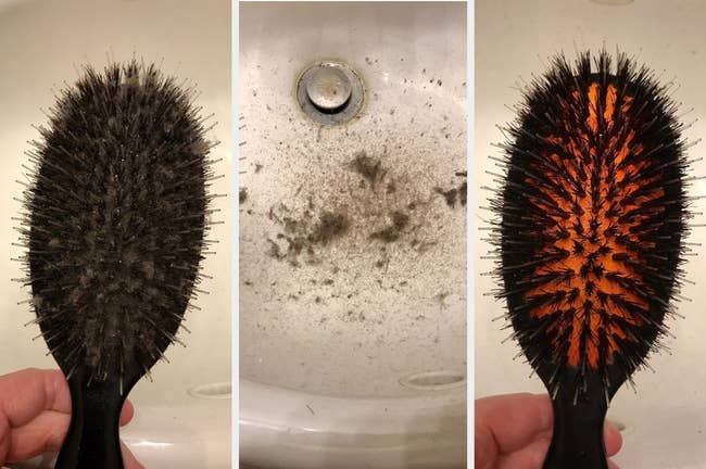 A reviewer's photos of a dirty hairbrush, the removed debris, and a now clean hairbrush 