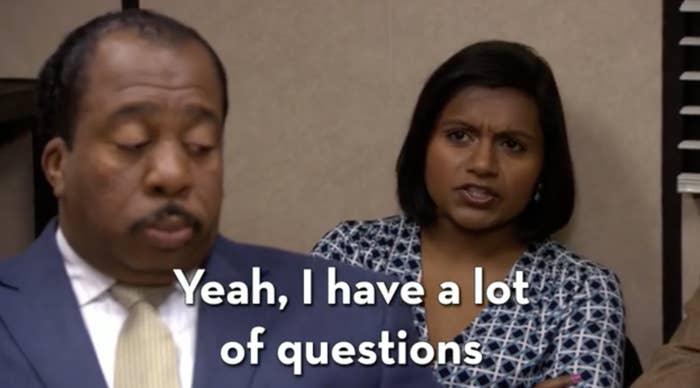 Kelly from &quot;The Office&quot; yelling at Ryan during a meeting that she has a lot of questions to ask him