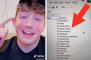 Screenshot of a TikToker next to an Excel spreadsheet with restaurants on it