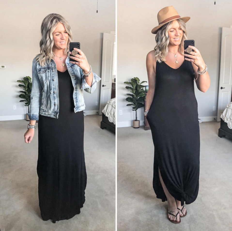A reviewer wears the black v-neck maxi dress with a denim jacket over it, then without a jacket and has the front end of the dress tied in a knot above her ankles