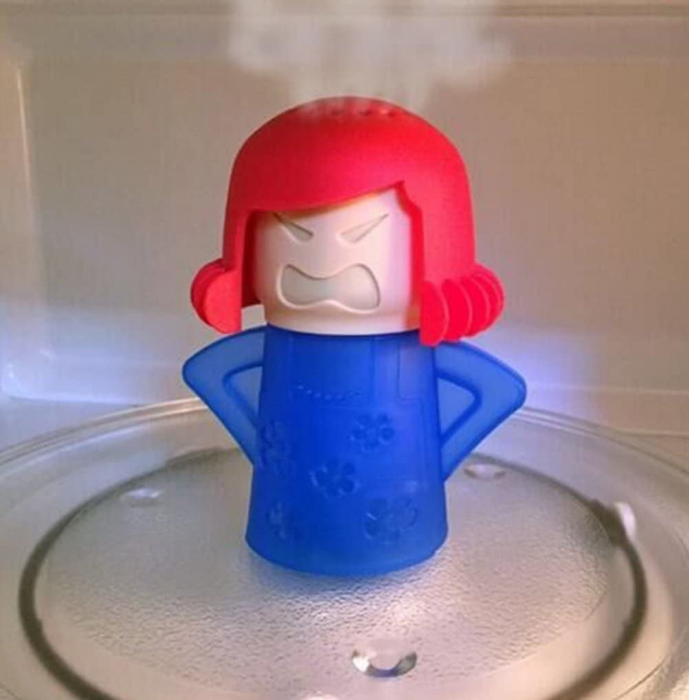 An Angry Mama with a blue body and red hair with a white screaming face and steam coming from its head