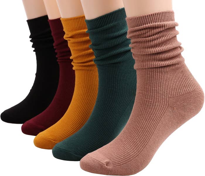 Crew socks in beige, dark green, mustard, burgundy, and black