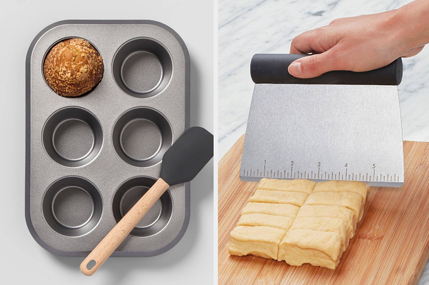 to the left: a muffin tin, to the right: a dough cutter
