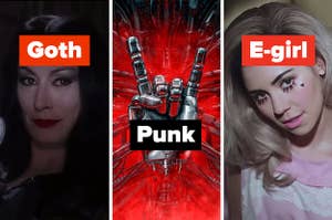 Morticia from Addams Family Values labeled "goth," a metal hand with the index and pinkie fingers up labeled "punk," and Marina in the Primadonna music video labeled "e-girl"