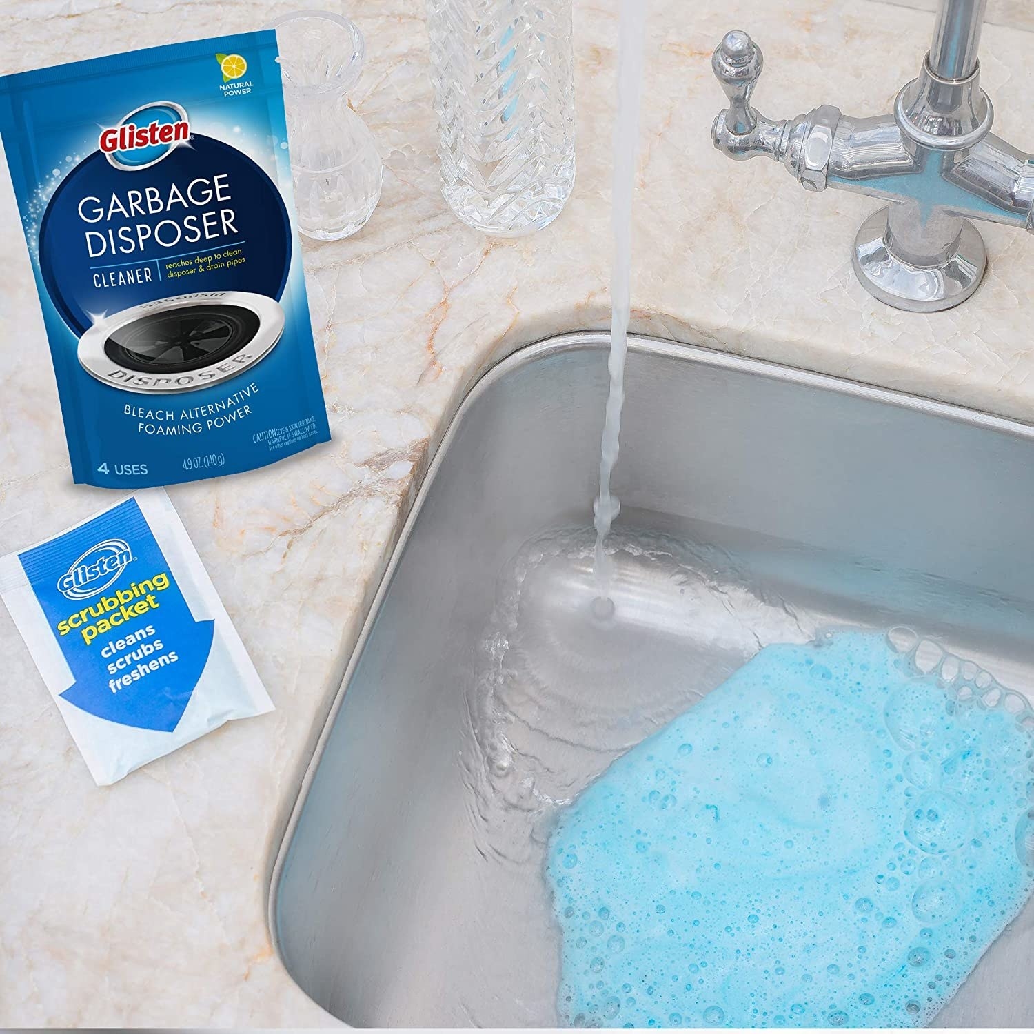 Garbage disposer packaging and packet with blue foam in the sink