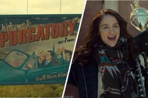 A sign that says welcome to purgatory on the left, and wynonna holding a trophy on the right