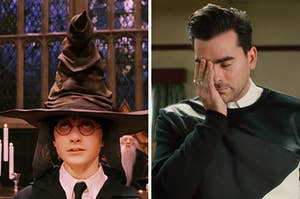 On the left, Harry wears the Sorting Hat in "Harry Potter and the Sorcerer's Stone," and on the right, Dn Levy as David on "Schitt's Creek"
