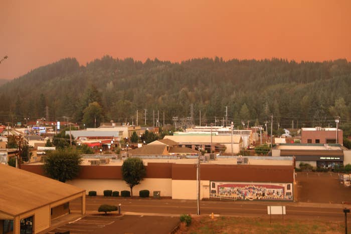 An orange smoke-filled sky is seen above Estacada, Oregon, on September 9, 2020, as fires burn nearby. 
