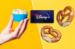 The disney plus logo between a cupcake and a pretzel