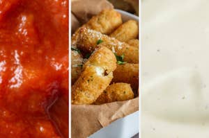 Crispy mozzarella sticks with marinara sauce to the left and ranch dressing to the right