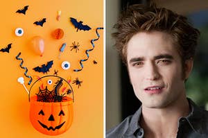 Edward from Twilight looks confused next to an image of candy coming out of a pumpkin bucket