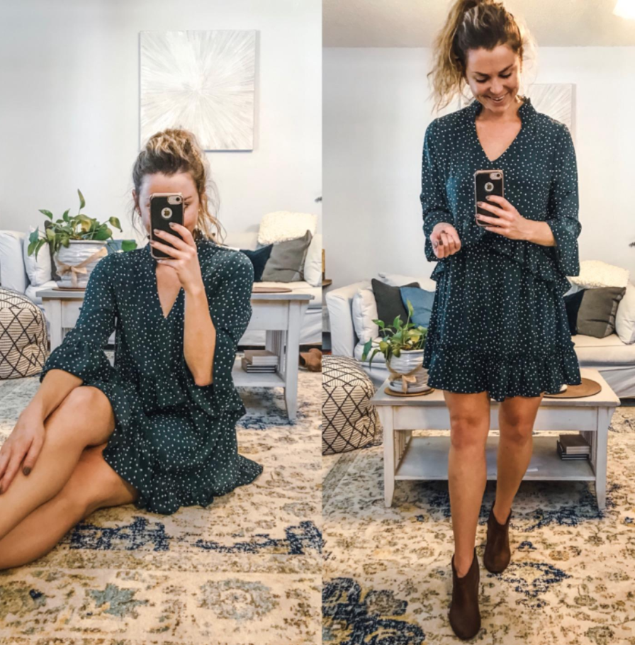 A reviewer takes a selfie in the dress with ruffled sleeves, a criss-cross ruffle across the waist, and ruffled hem both sitting and standing. The dress comes down to their mid thigh 