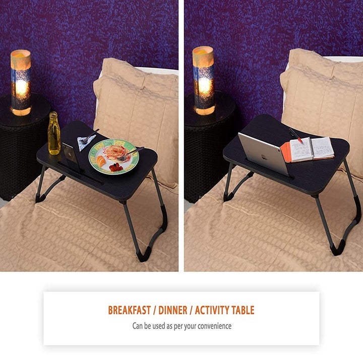 A laptop desk being used a breakfast tray and as a work desk