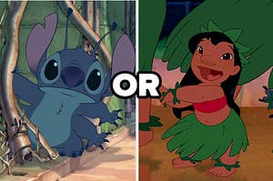 An image of Stitch escaping from the pet store next to an image of Lilo hula dancing