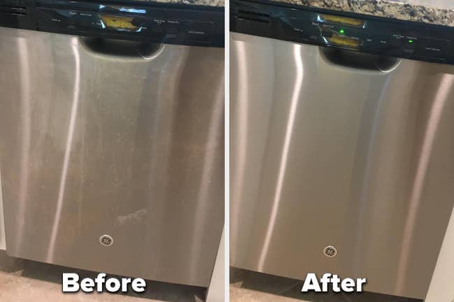 Reviewer's before and after photo of a dirty and now clean dishwasher