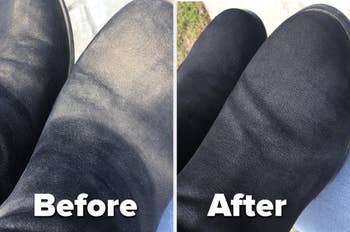 Reviewer's before and after photo of dirty boots and clean boots after using brush