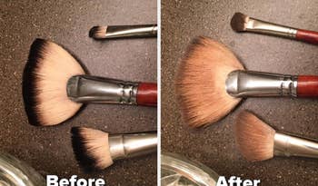 A reviewer's before and after images of their dirty and now clean makeup brushes