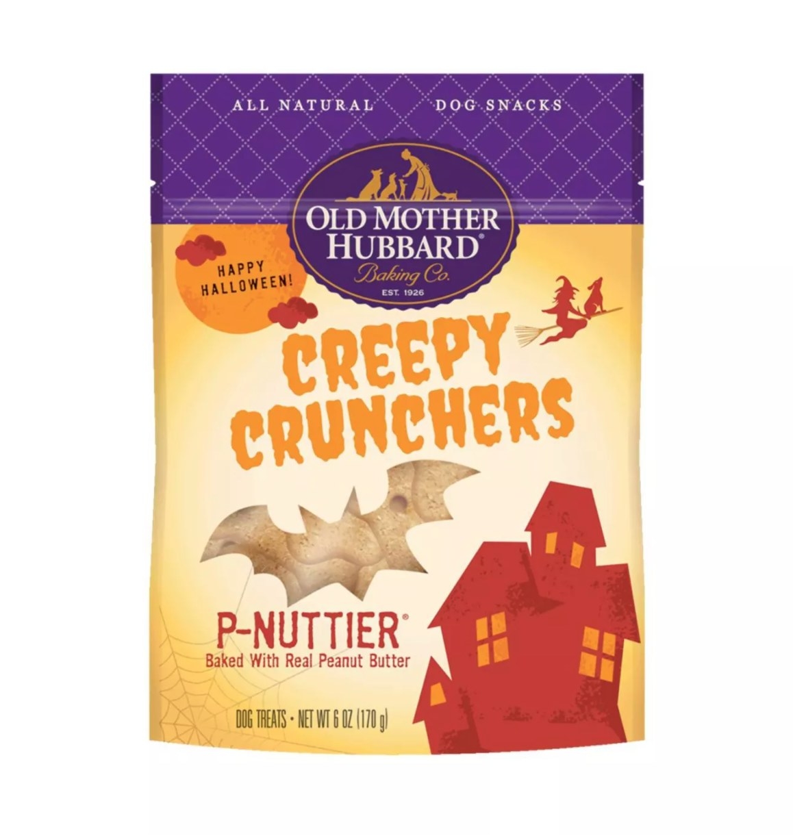 A bag of the tan, peanut-butter dog treats