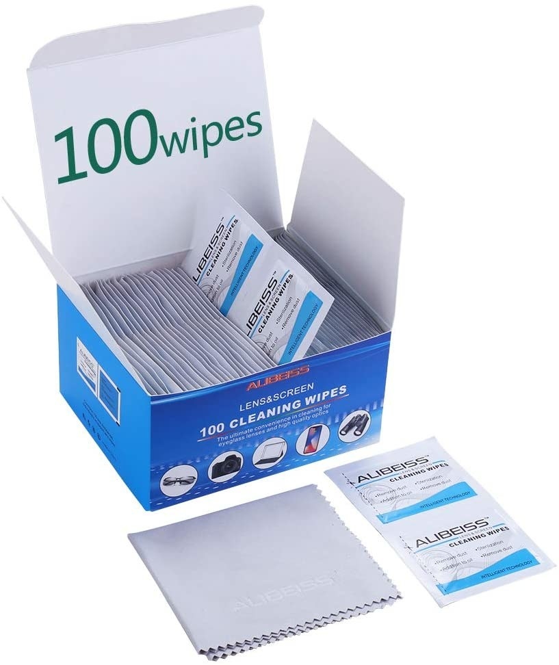 A blue and white box of lens wipes with a light gray wipe cloth