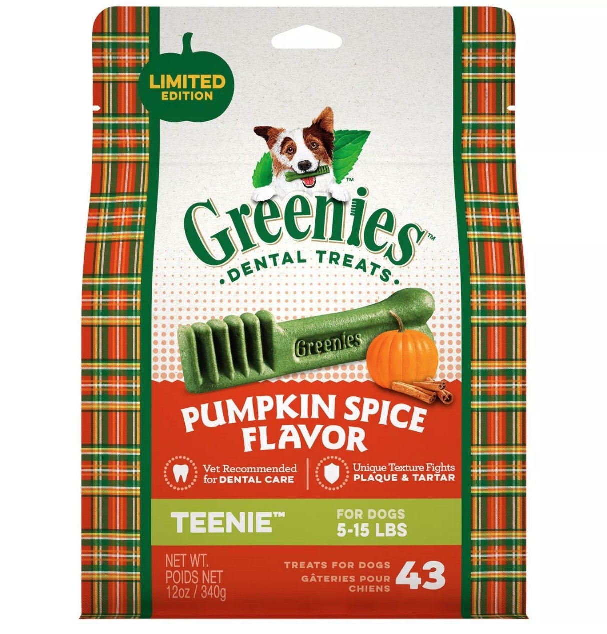 A bag of the green, toothbrush-shaped dog treats