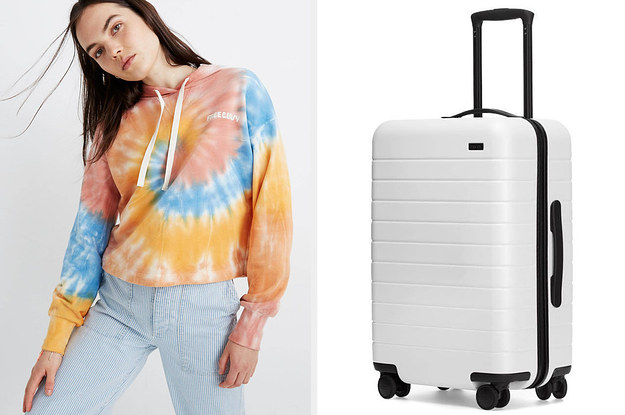Model in a tie-dye hoodie / a white suitcase