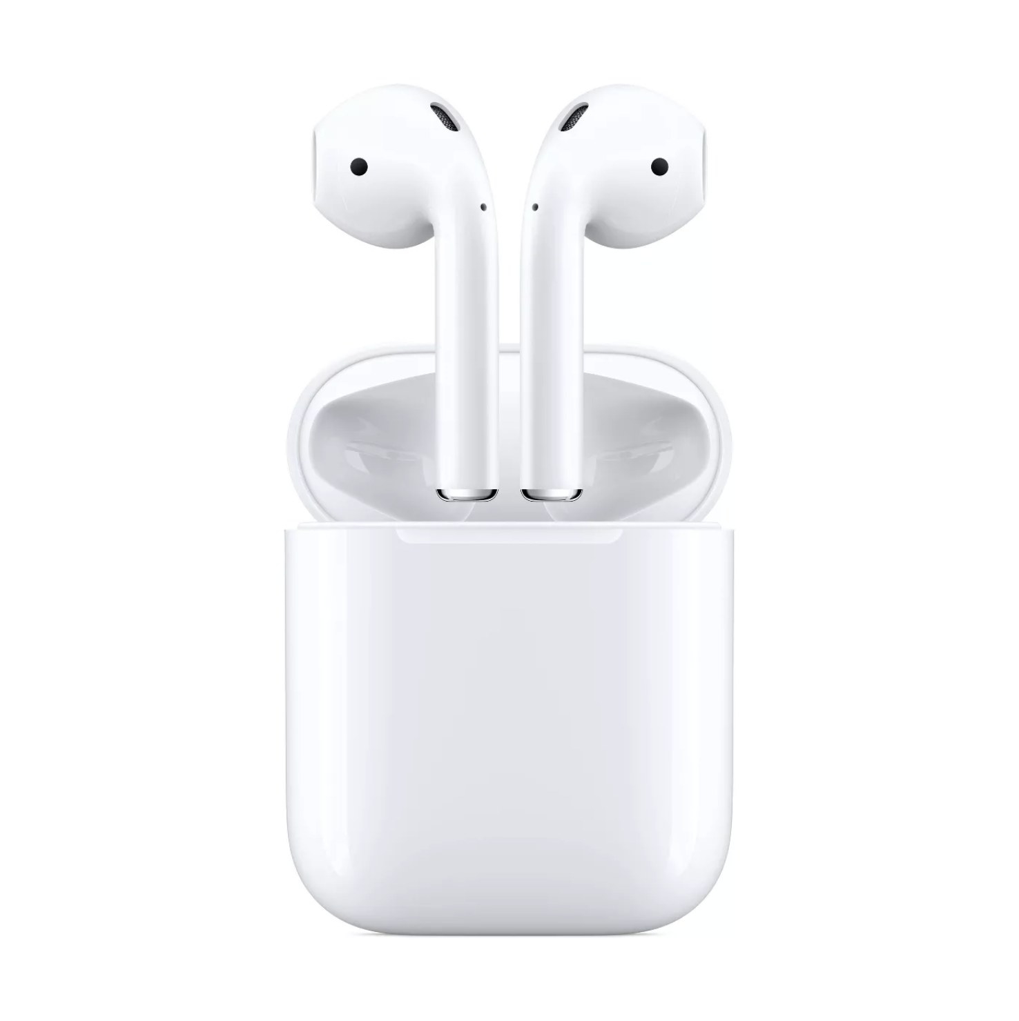 White Apple Airpods coming out of the charging case