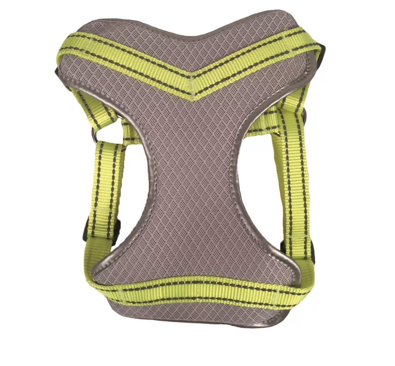 The gray mesh dog harness with neon yellow straps