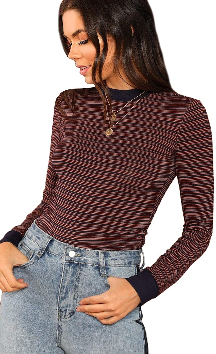 A model wearing the striped shirt
