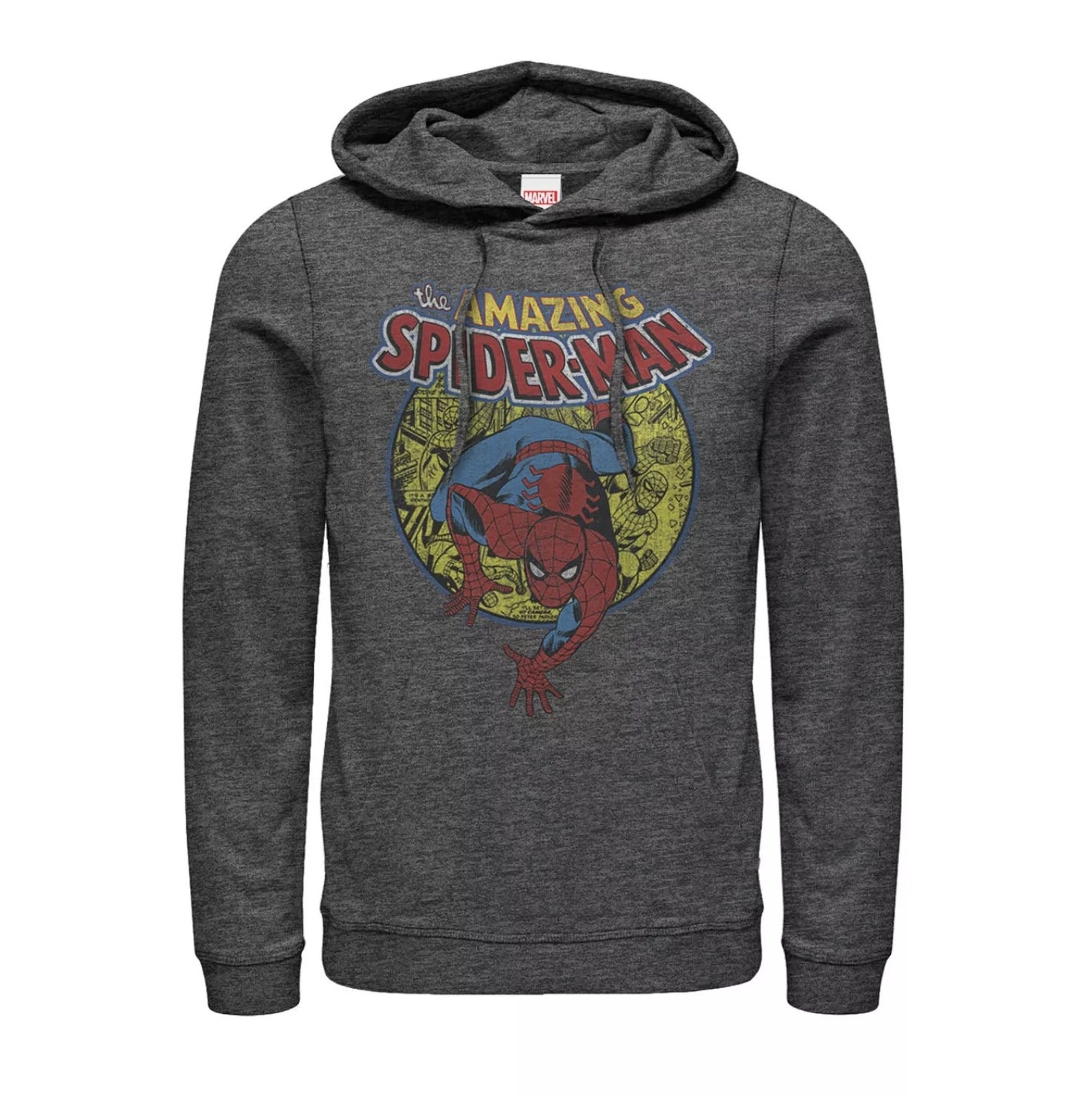 A grey pullover hoodie with a graphic of the amazing spiderman on the chest