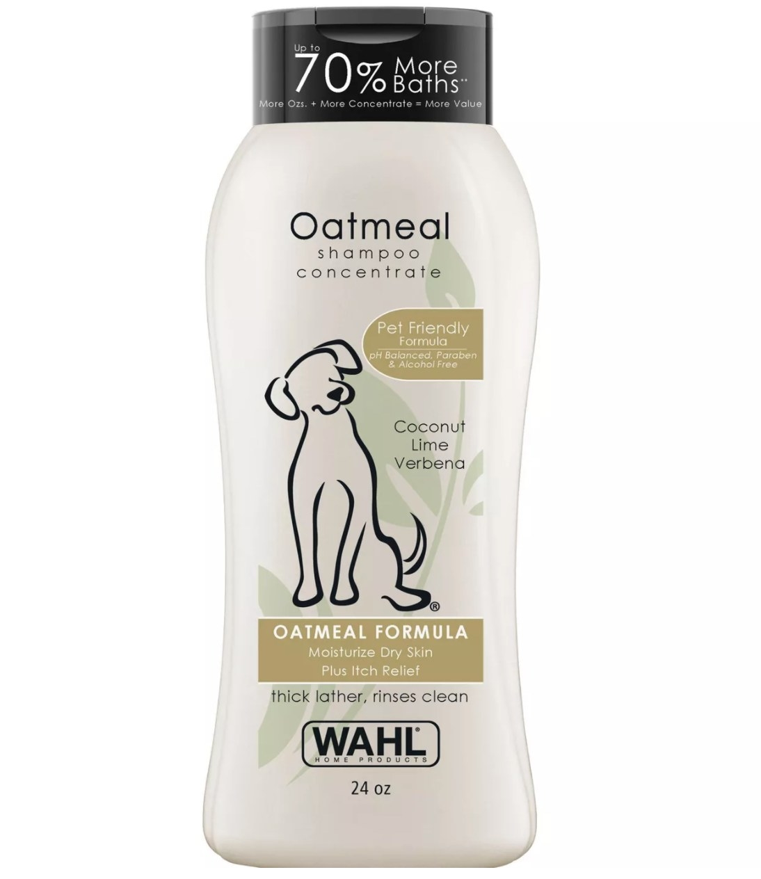 A bottle of the coconut-scented oatmeal dog shampoo