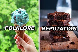 On the left, a mint chocolate chip ice cream cone labeled "Folklore," and on the right, a stack of brownies labeled "Reputation"