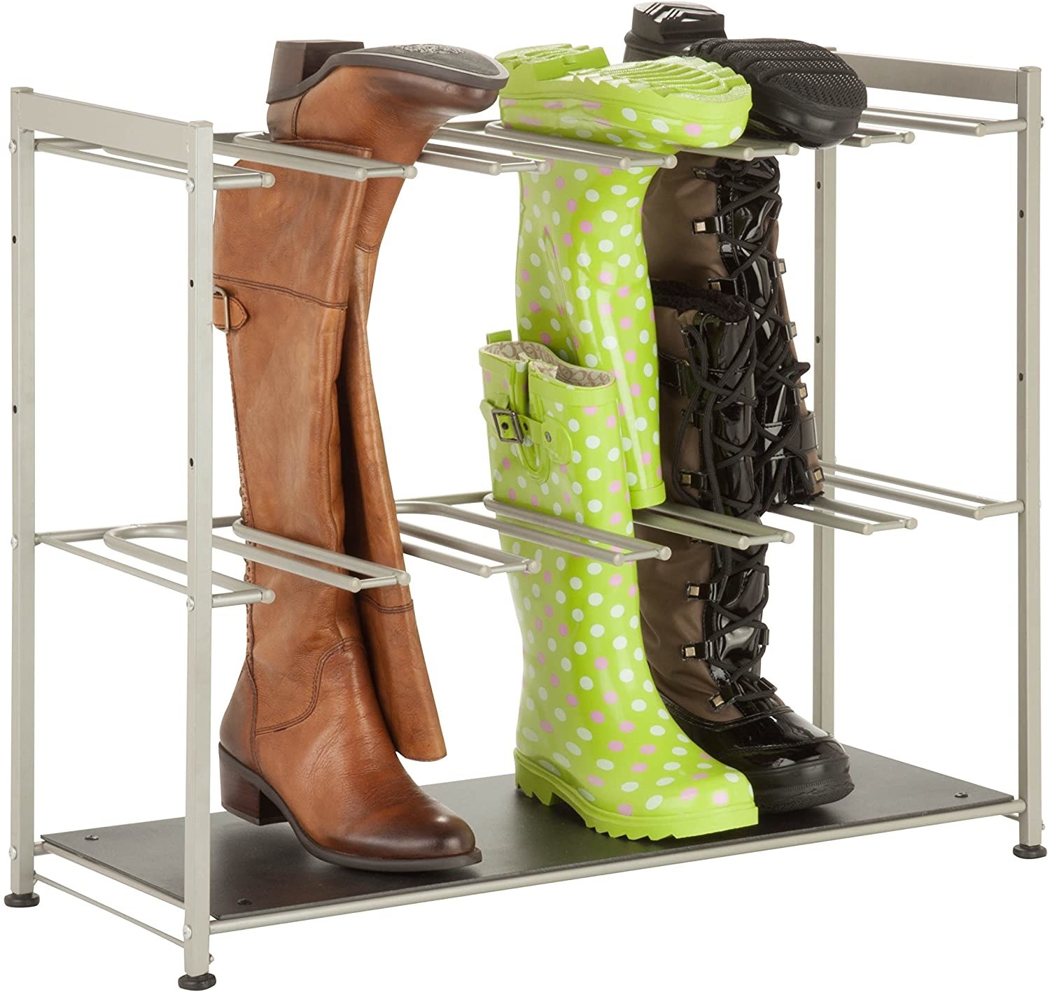 A shoe rack filled with tall boots