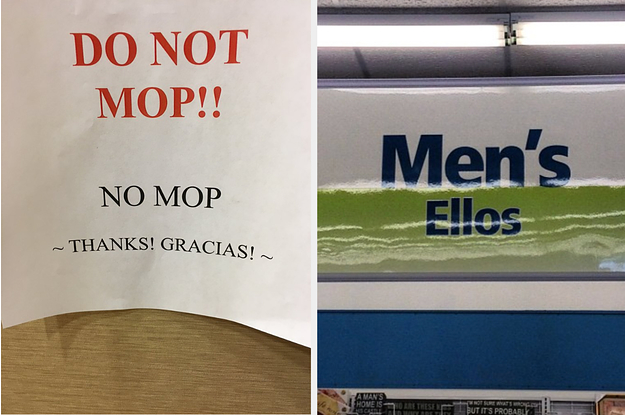 One sign that translate "Do not mop" as "No mop" and another translates "Men's" as "Ellos"