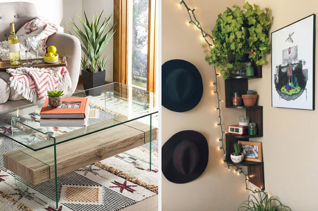 On the left, a floating glass coffee table next to a gray couch with a wine caddy and blankets. On the right, a three-tier plant stand against a brick wall