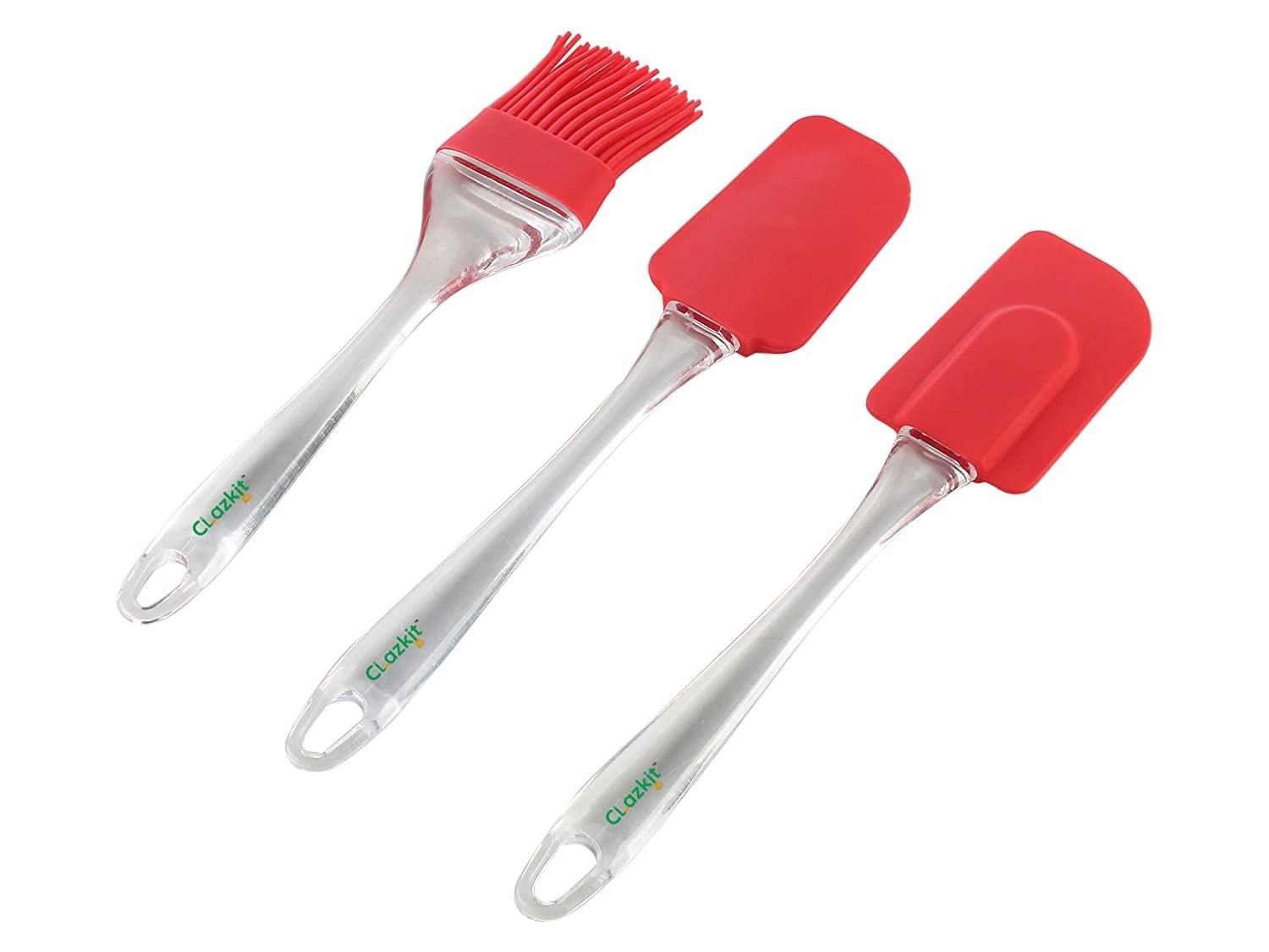 2 red silicone spatulas and 1 red silicone brush.
