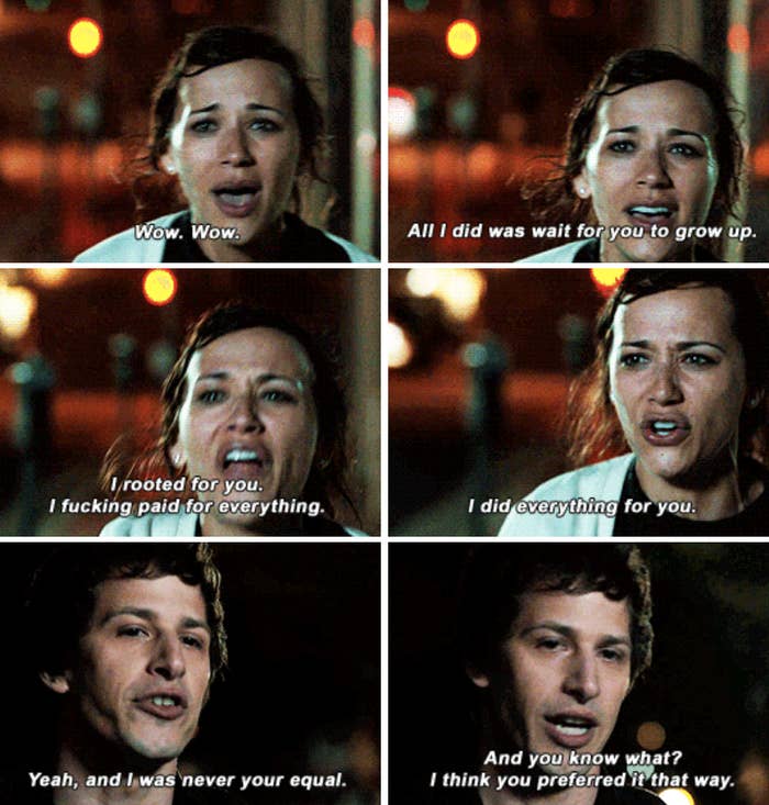 Celeste and Jesse from "Celeste and Jesse Forever" yelling at each other in the street