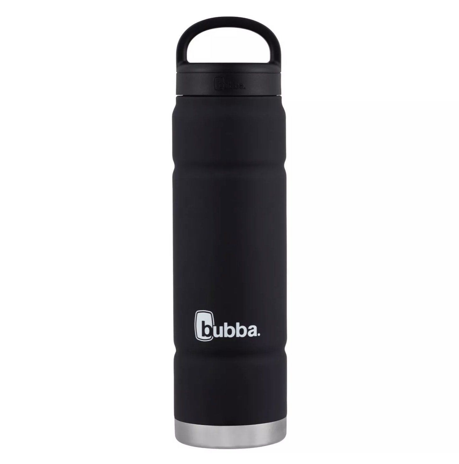 A black stainless steel water bottle with a wide mouth and lid with a handle