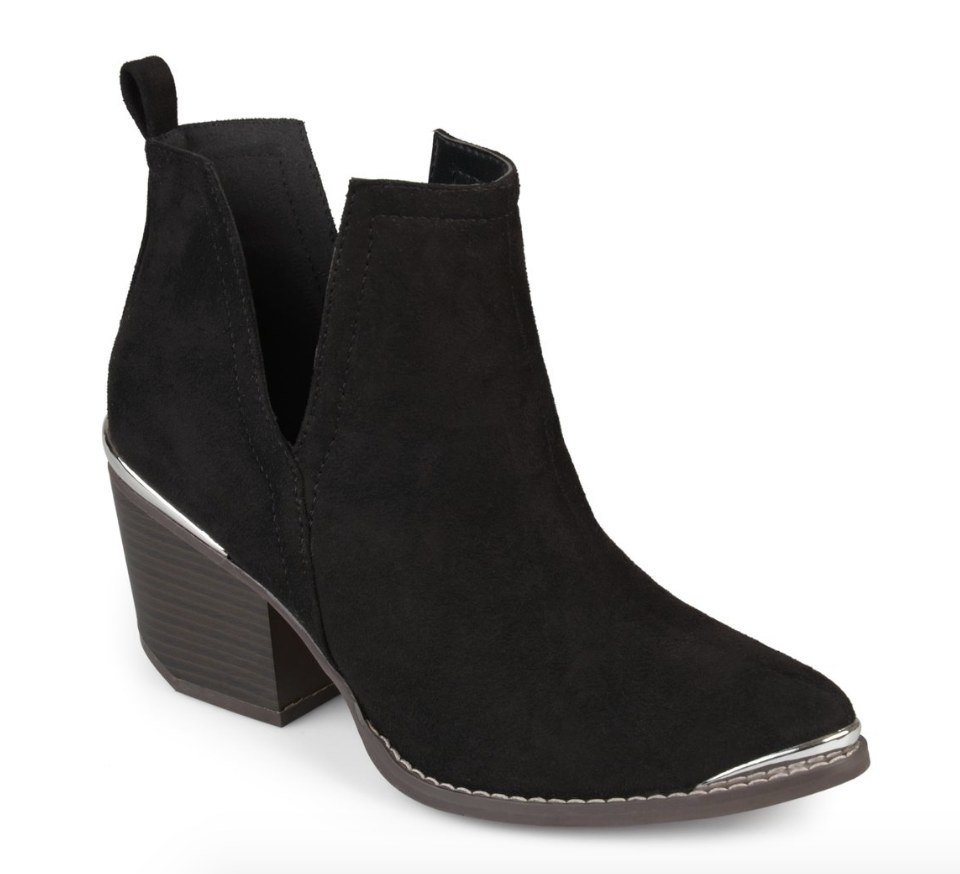 Black bootie with silver hardware at the toe and heel and dark brown sole