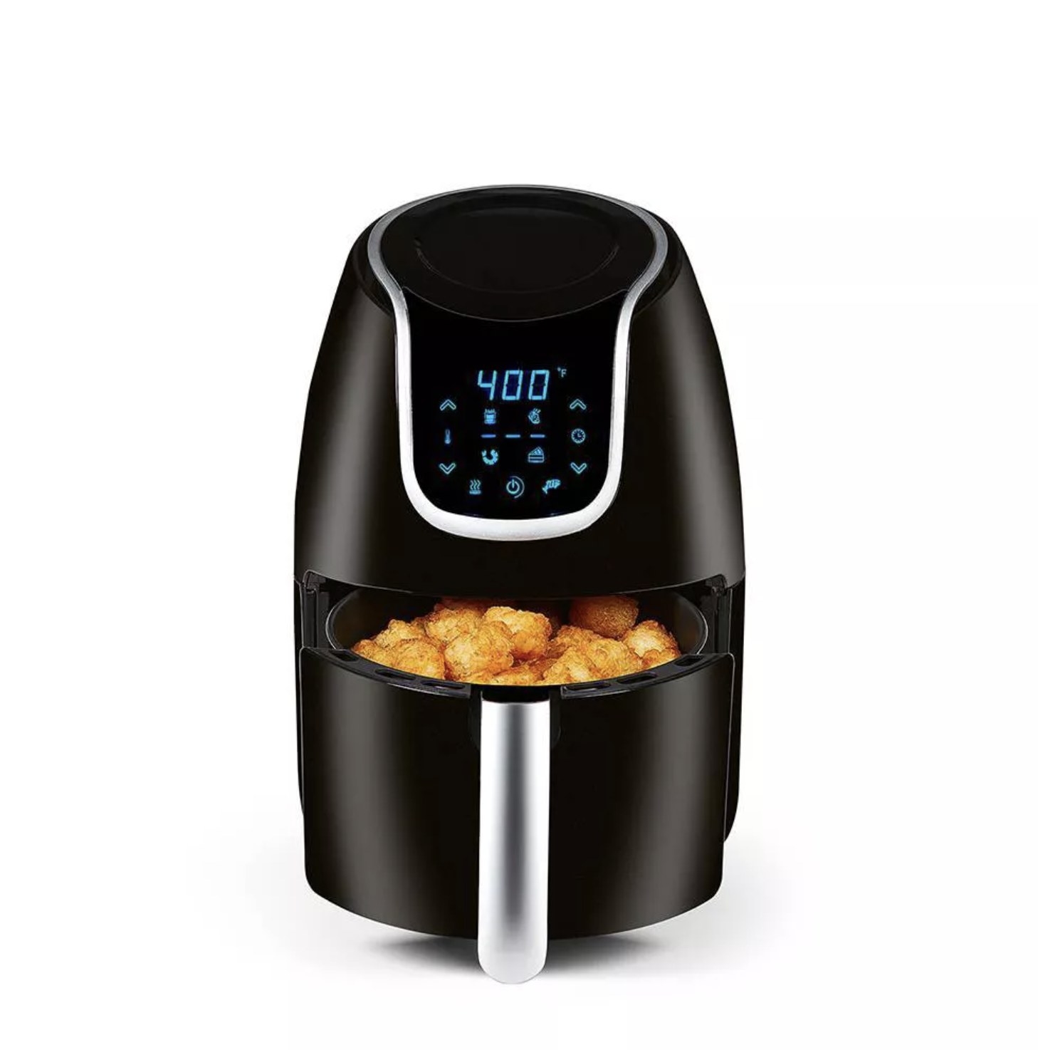 A black air fryer with tater tots inside the basket 