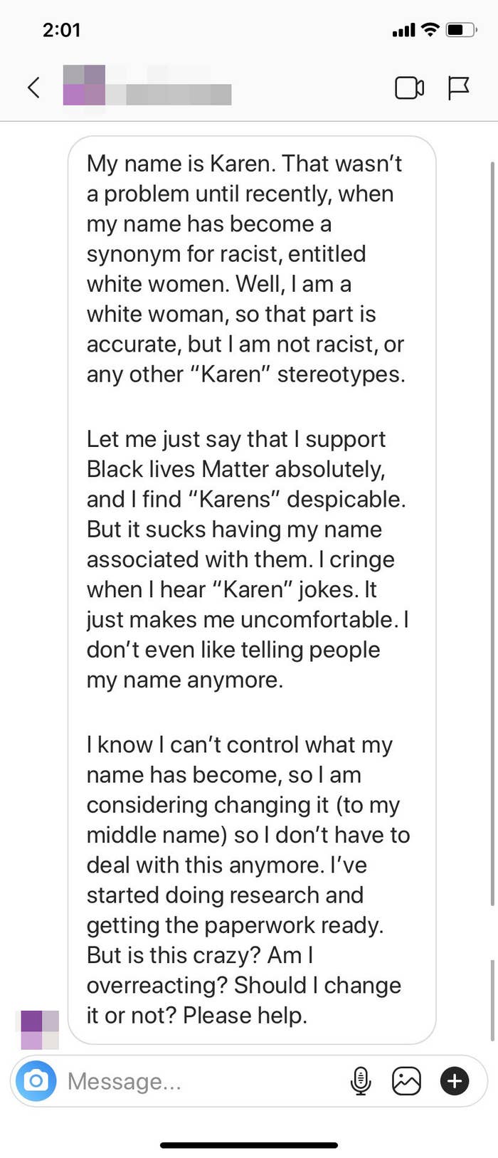 A screenshot of an Instagram DM from a white woman named Karen who wants to legally change her name, to avoid any associations with "racist, entitled" white women