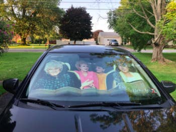 reviewer pic of the golden girls windshield shade in parked car