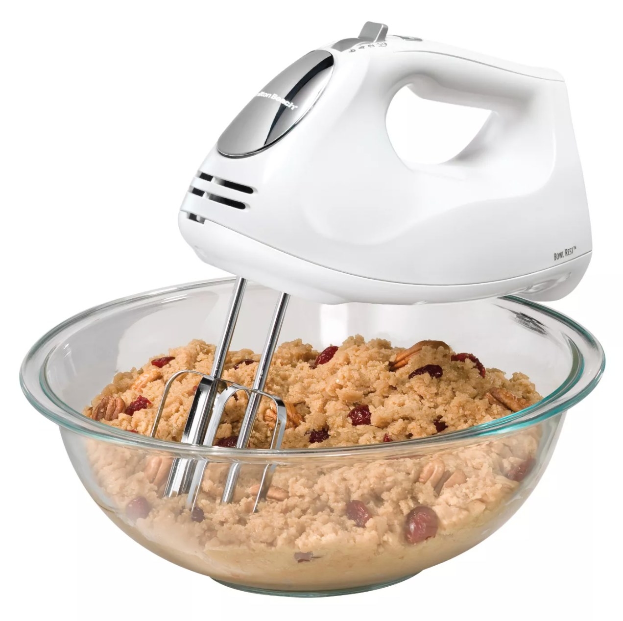 The hand mixer being used to make cookie dough