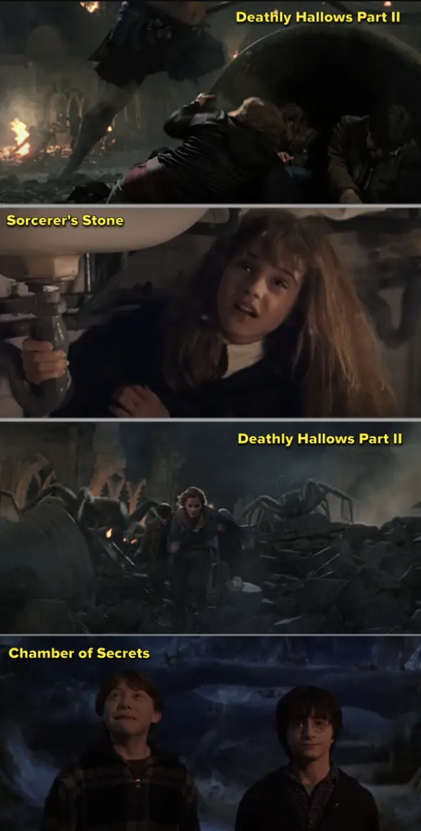 Comparisons of the earlier monsters in the "Harry Potter" movies to the final Battle of Hogwarts in the last movie